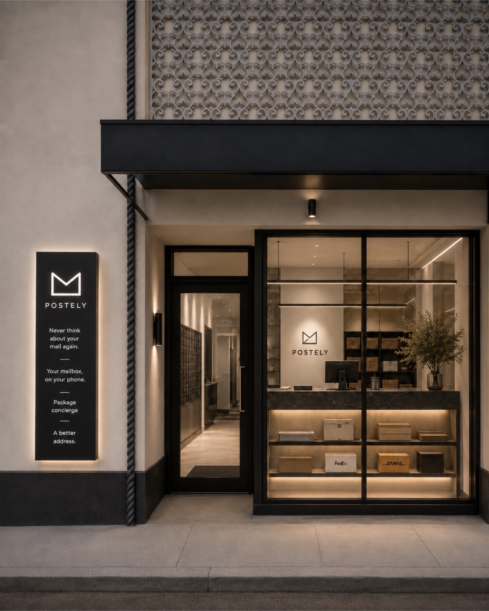 Postely mail concierge storefront in Santa Monica at dusk